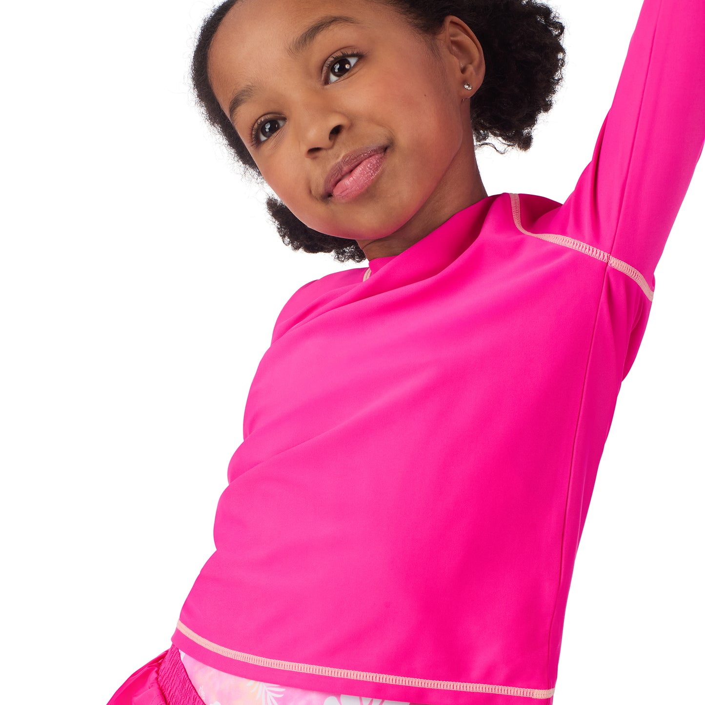 Pink Hibiscus Punch;@A girl wearing 3 Piece Swim Set with Rashguard in Pink Hibiscus Punch