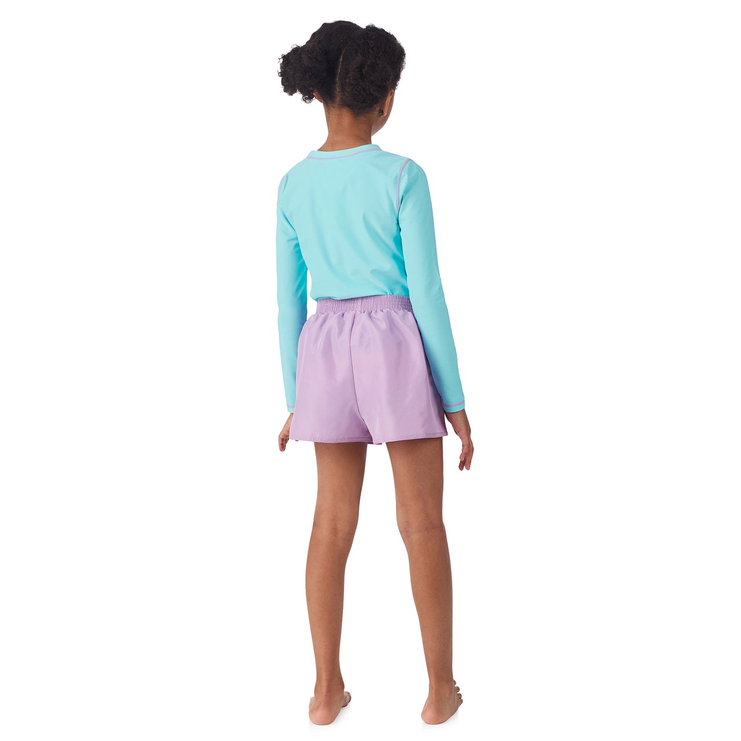 Rainbow Shimmer Aqua;@A girl wearing 3 Piece Swim Set with Rashguard in Rainbow Shimmer Aqua