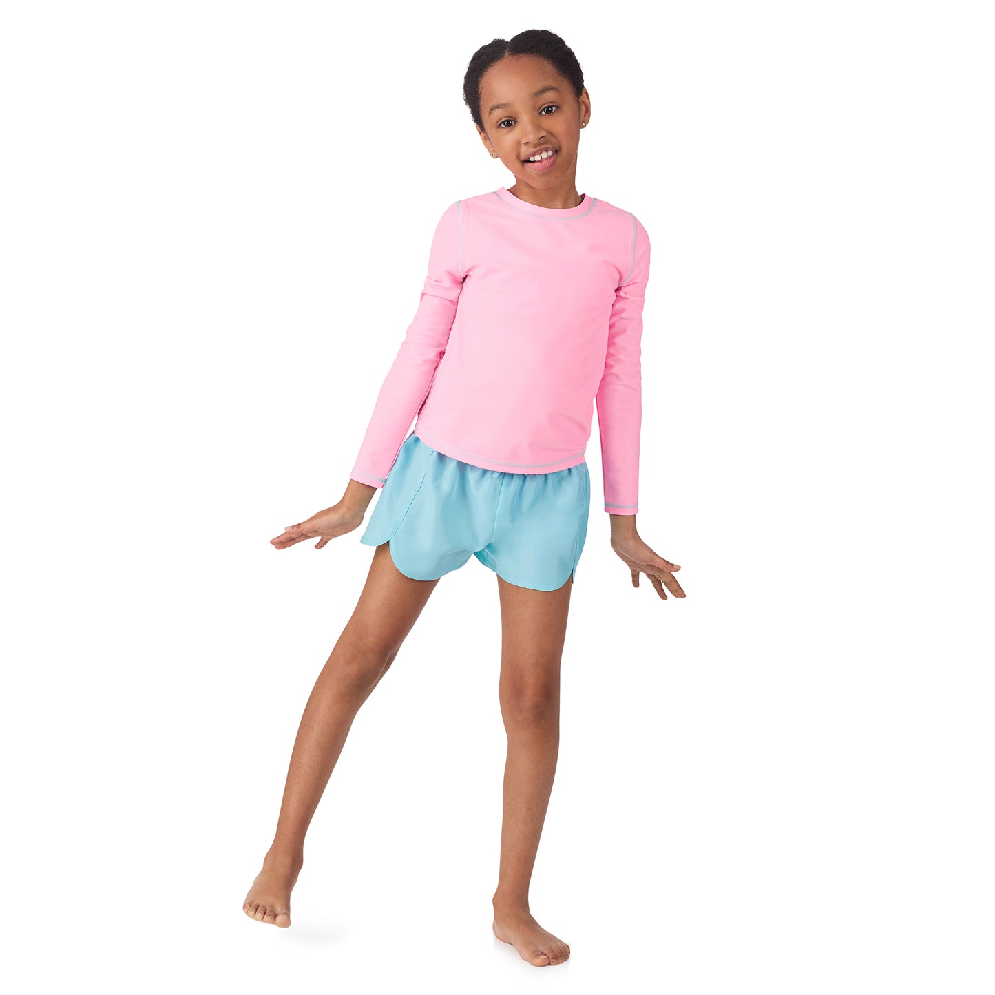 Pink Bubblegum Hearts;@A girl wearing 3 Piece Swim Set with Rashguard in Pink Bubblegum Hearts