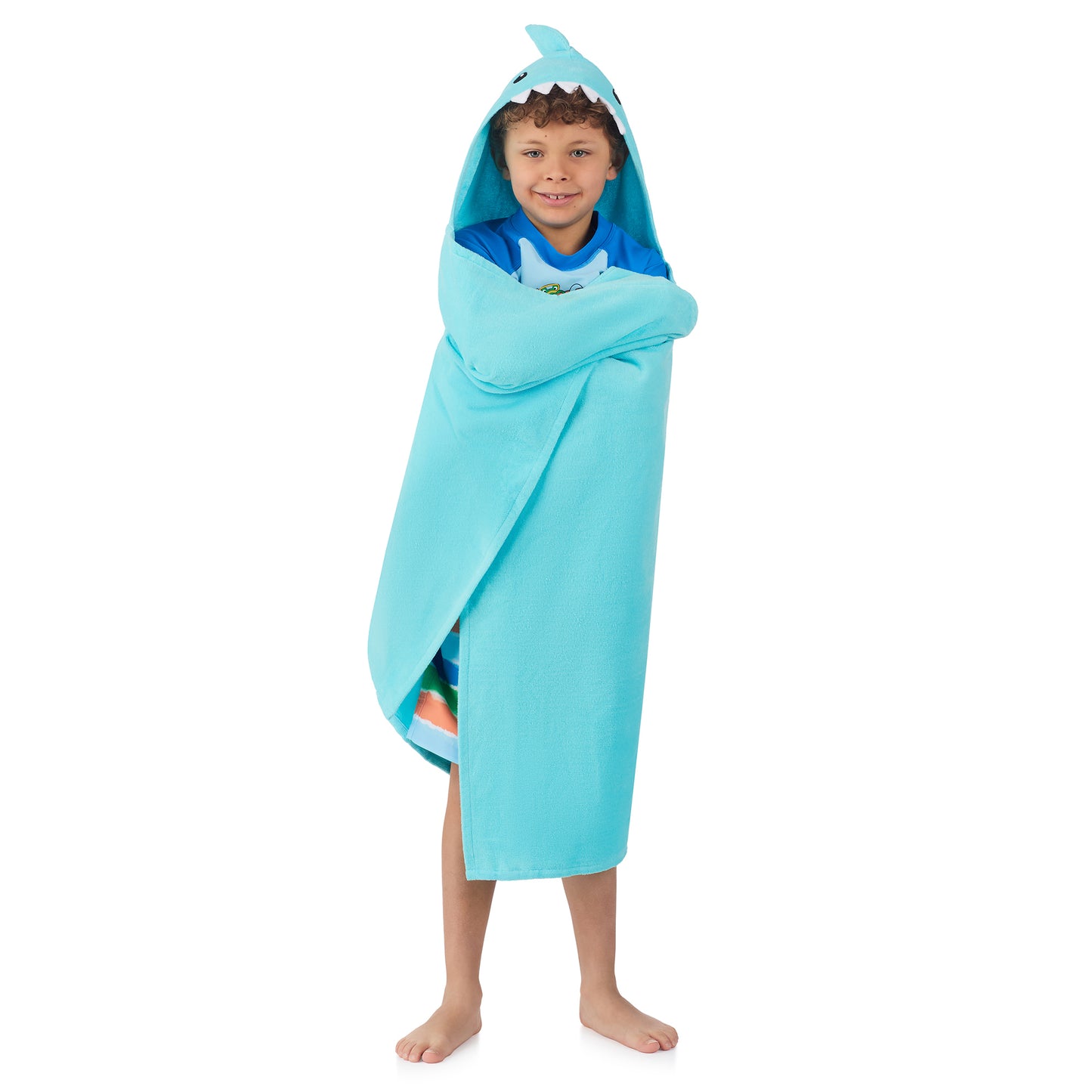 Fin-tastic Aqua & Seaweed Green;@A boy wearing 2 Pack Hooded Shark Towels in Fin-tastic Aqua & Seaweed Green
