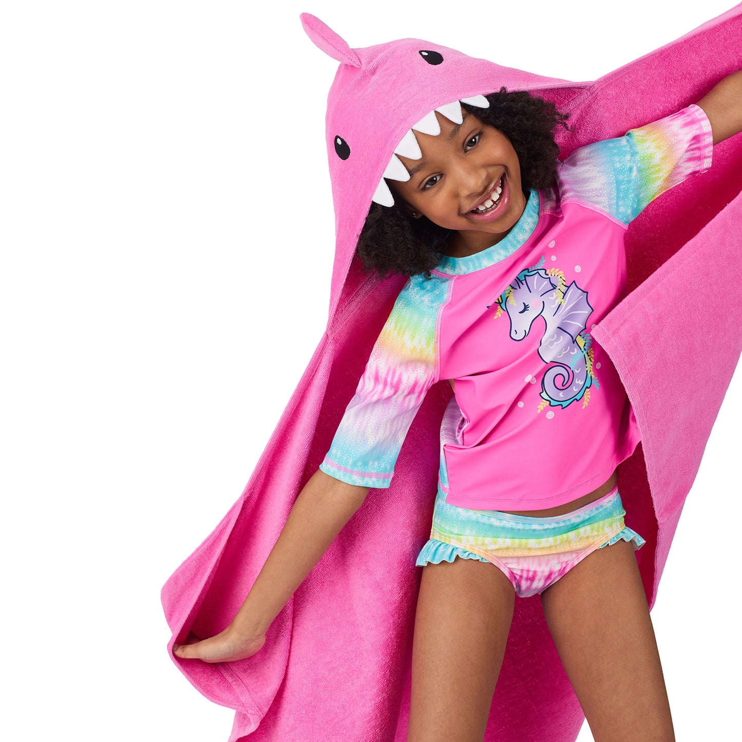 Sharkberry Pink & Lavender Bite;@A girl wearing 2 Pack Hooded Shark Towels in Sharkberry Pink & Lavender Bite