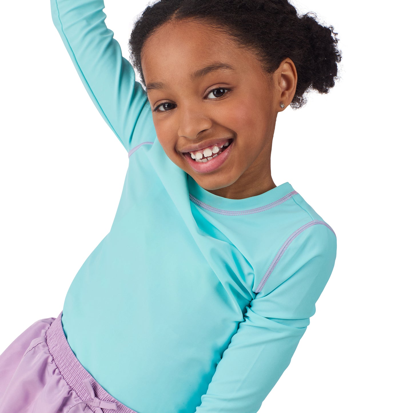 Rainbow Shimmer Aqua;@A girl wearing 3 Piece Swim Set with Rashguard in Rainbow Shimmer Aqua