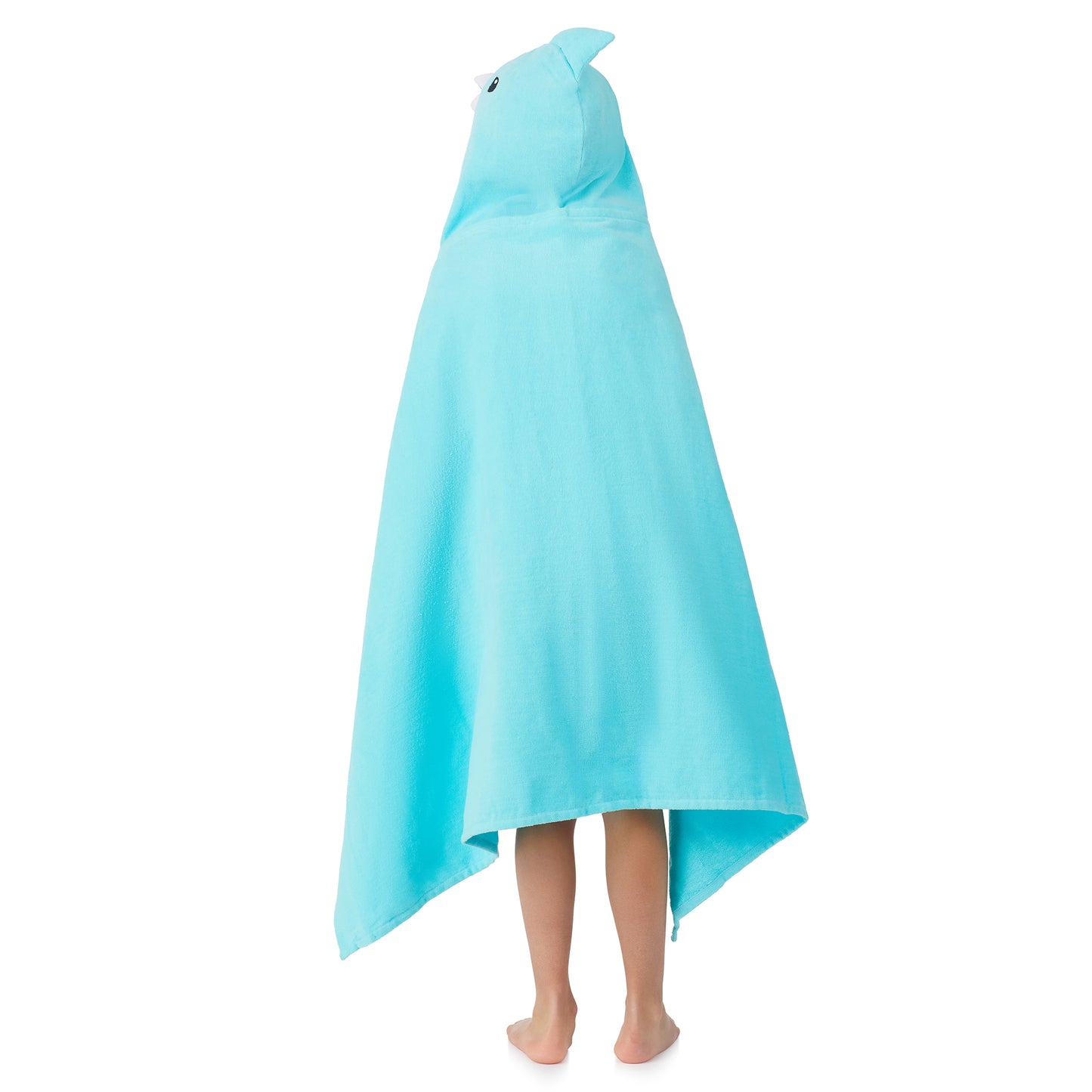 Fin-tastic Aqua & Seaweed Green;@A boy wearing 2 Pack Hooded Shark Towels in Fin-tastic Aqua & Seaweed Green