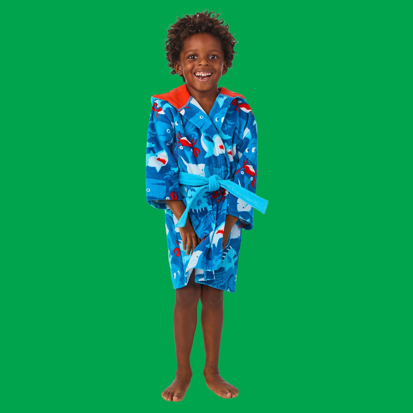 Blue Shark;@A boy wearing 3D Character Hood Cotton Terry Cover Up