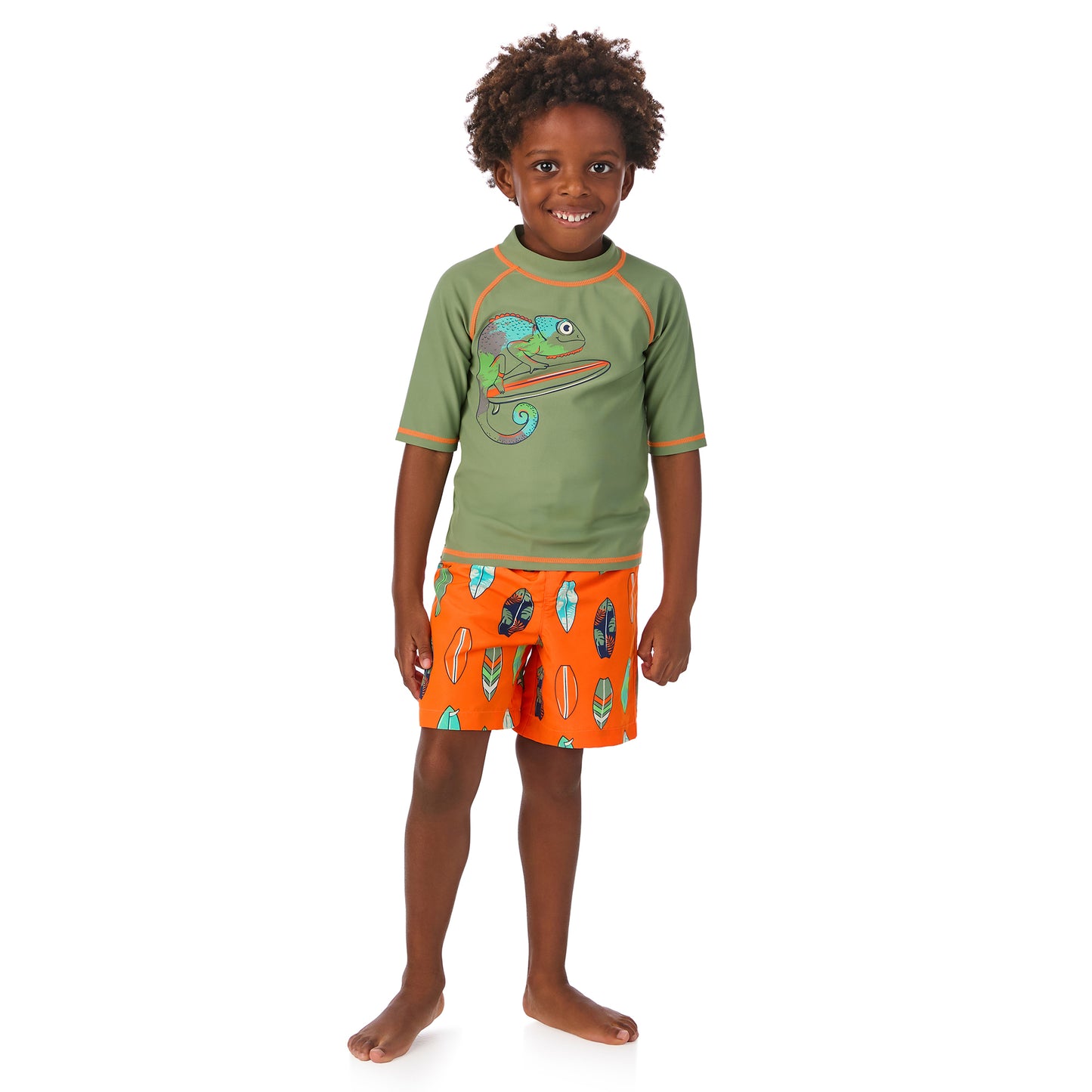 Costal Chameleon Tangerine;@ A boy wearing Short Sleeve Rashguard Set