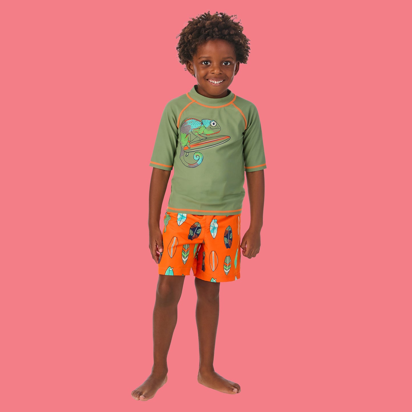 Costal Chameleon Tangerine;@ A Boy wearing Short Sleeve Rashguard Set