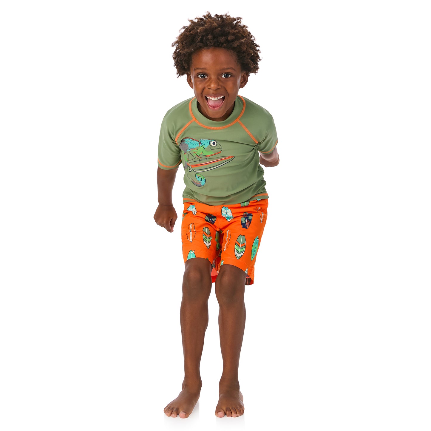 Costal Chameleon Tangerine;@ A boy wearing Short Sleeve Rashguard Set