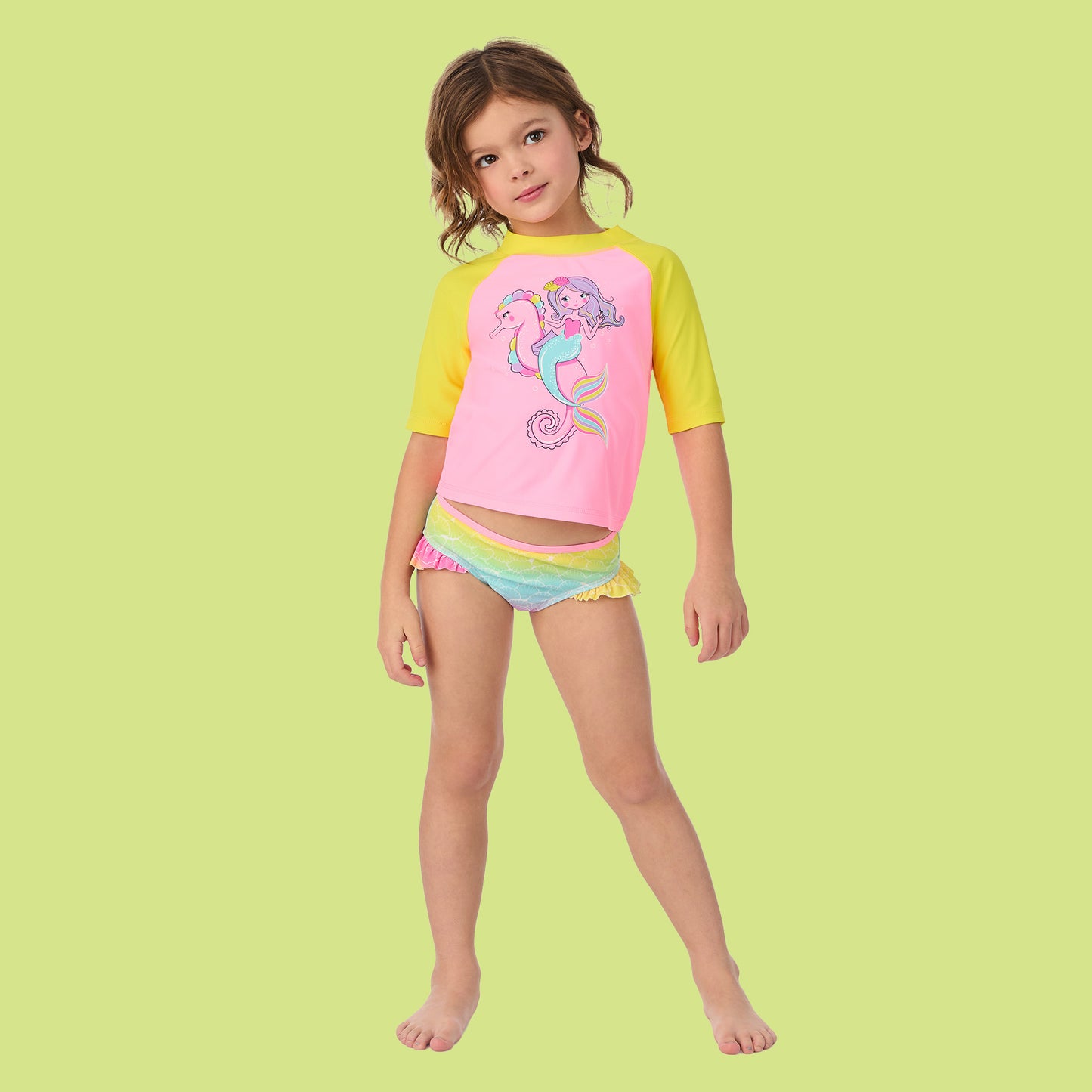 Pastel Pink Sea Pals;@ A girl wearing Short Sleeve Rashguard Set