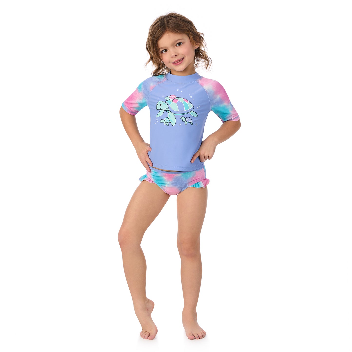 Sea Turtle Sparkle Periwinkle;@ A girl wearing Short Sleeve Rashguard Set