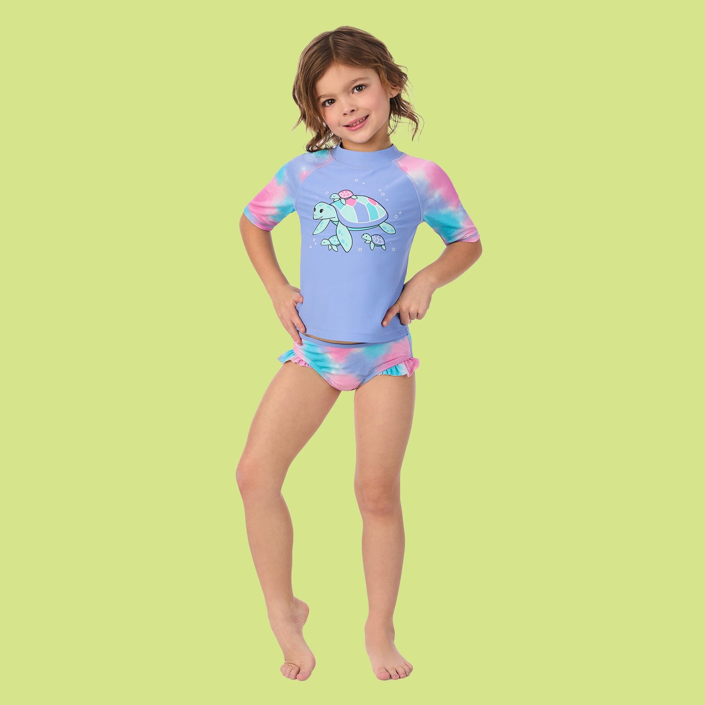 Sea Turtle Sparkle Periwinkle;@ A girl wearing Short Sleeve Rashguard Set