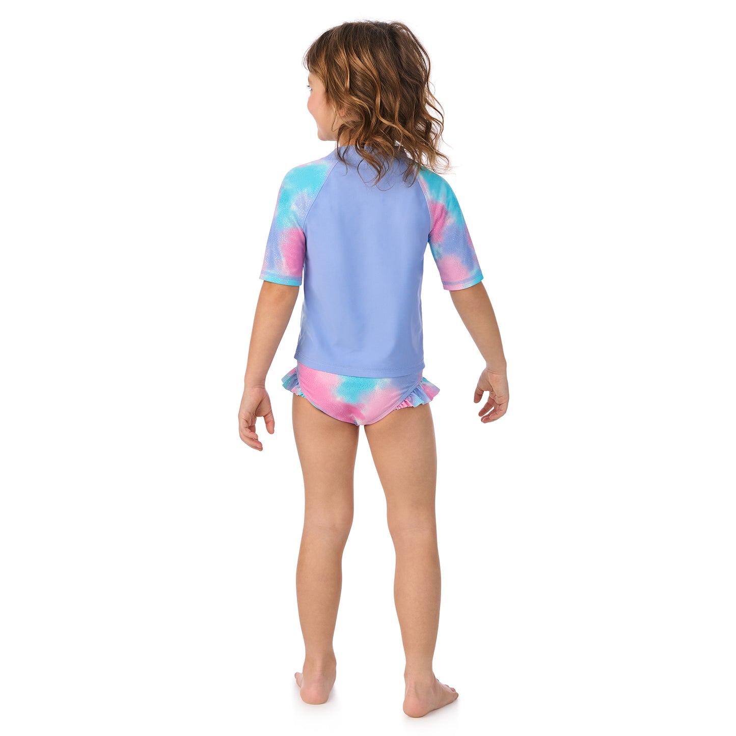 Sea Turtle Sparkle Periwinkle;@ A girl wearing Short Sleeve Rashguard Set
