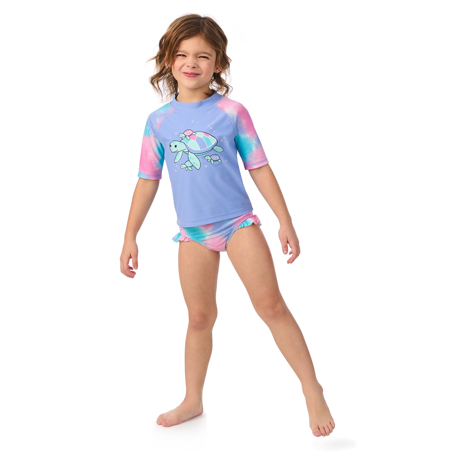 Sea Turtle Sparkle Periwinkle;@ A girl wearing Short Sleeve Rashguard Set