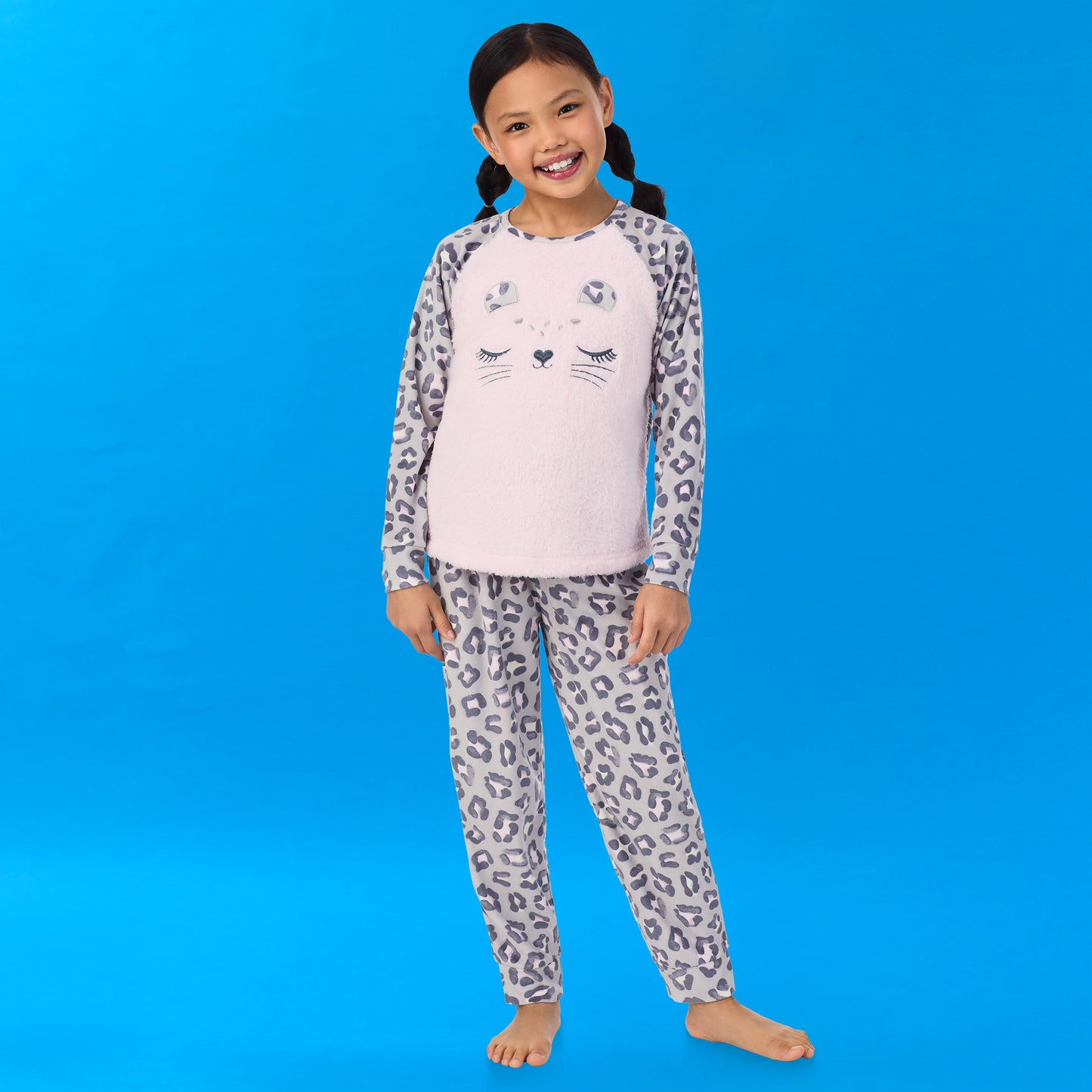 Cheetah;A girl wearing Soft Fleece Animal Pj Set