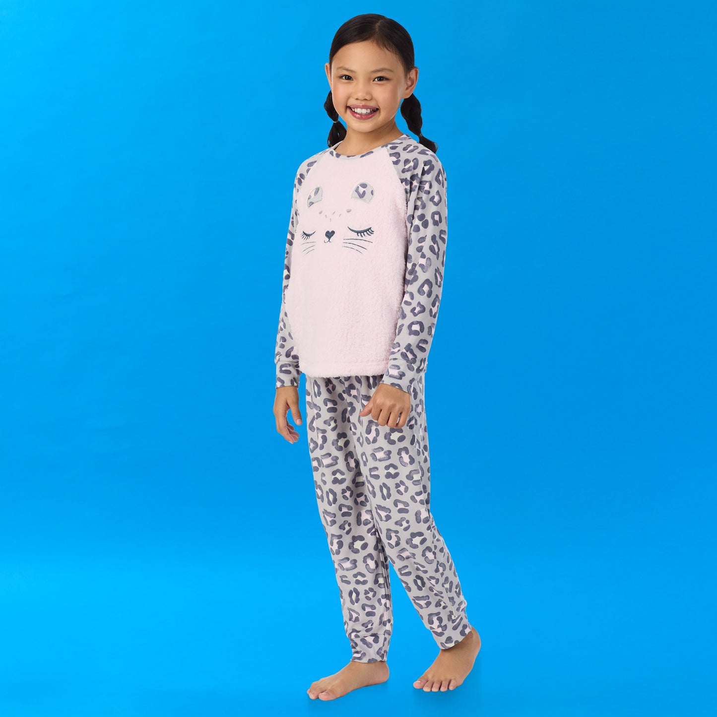 Cheetah;A girl wearing Soft Fleece Animal Pj Set