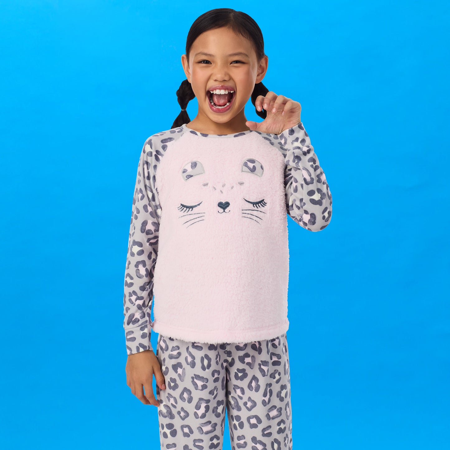 Cheetah;A girl wearing Soft Fleece Animal Pj Set