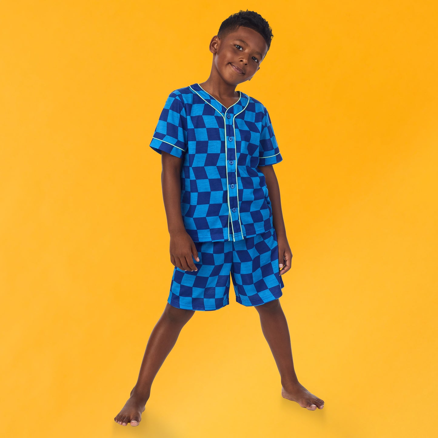 Wavy Check; @A boy wearing Sport Jersey Short Pj Set with wavy check print