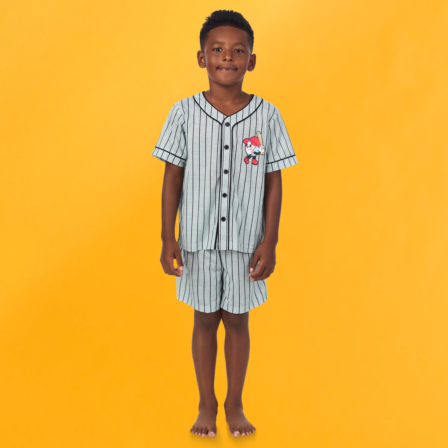 Baseball Stripe; @A boy wearing Sport Jersey Short Pj Set with baseball stripe print