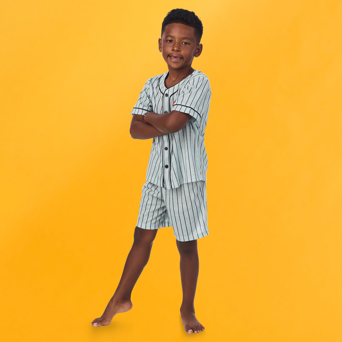 Baseball Stripe; @A boy wearing Sport Jersey Short Pj Set with baseball stripe print