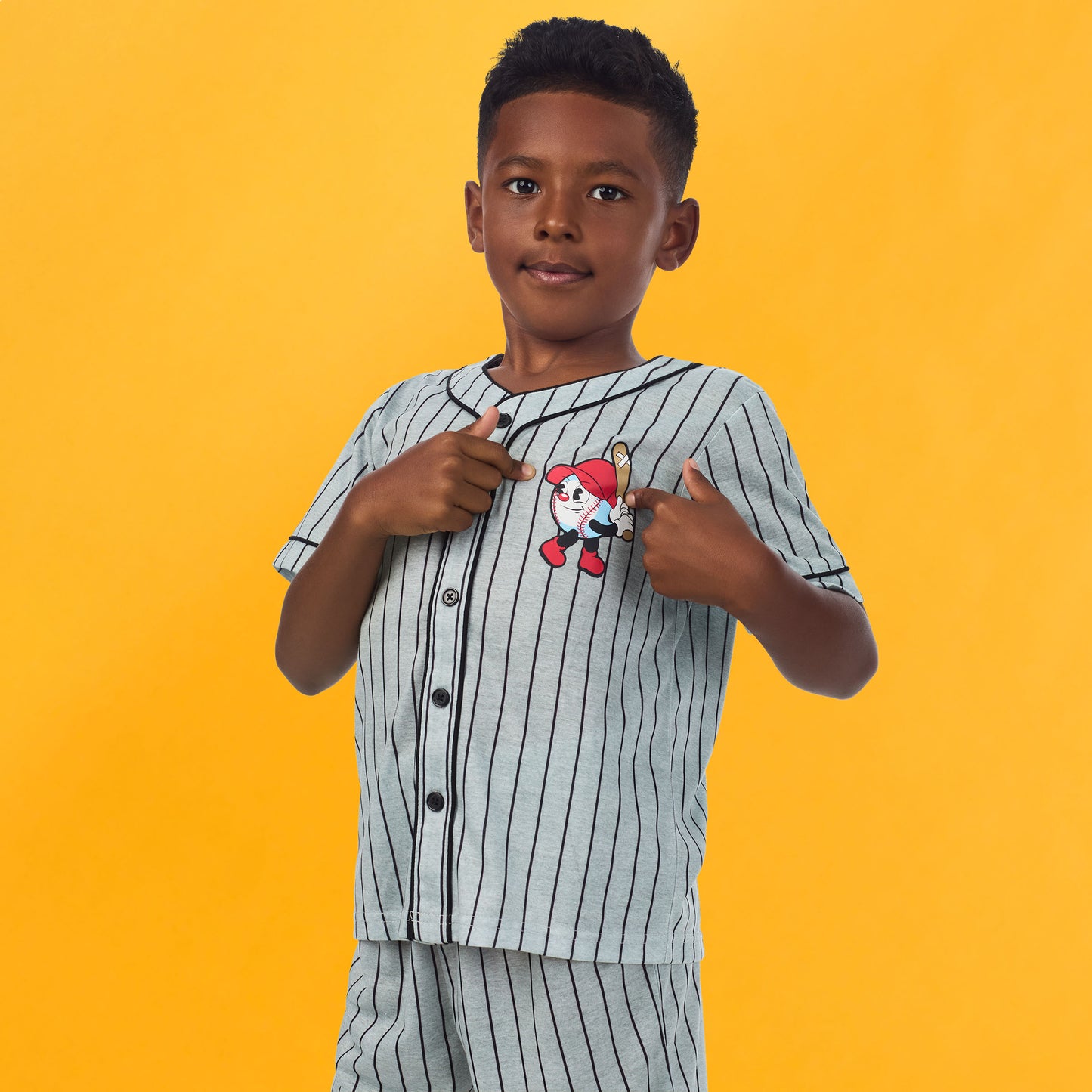 Baseball Stripe; @A boy wearing Sport Jersey Short Pj Set with baseball stripe print