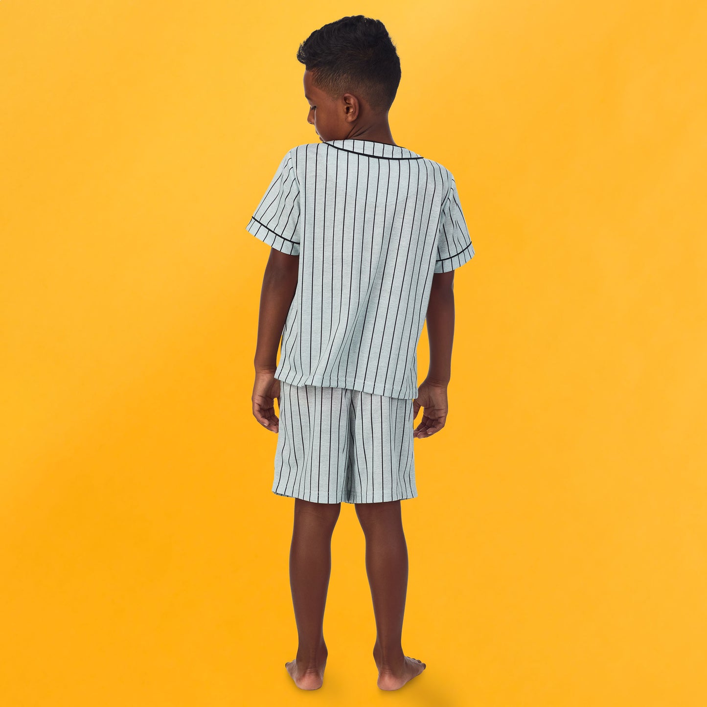 Baseball Stripe; @A boy wearing Sport Jersey Short Pj Set with baseball stripe print