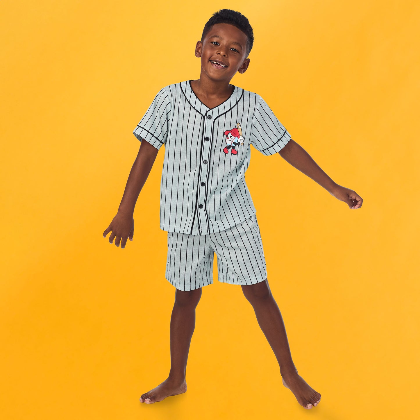 Baseball Stripe; @A boy wearing Sport Jersey Short Pj Set with baseball stripe print