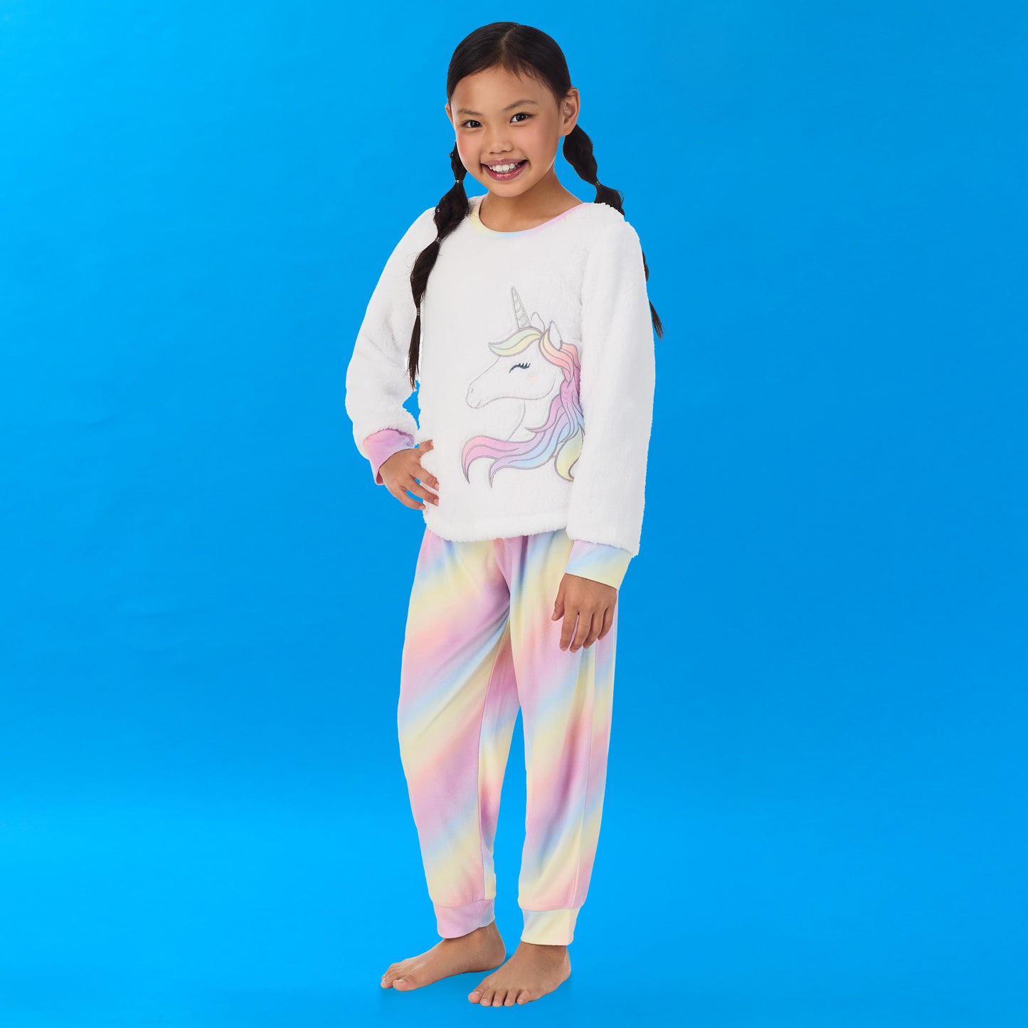 Unicorn;A girl wearing Soft Fleece Animal Pj Set