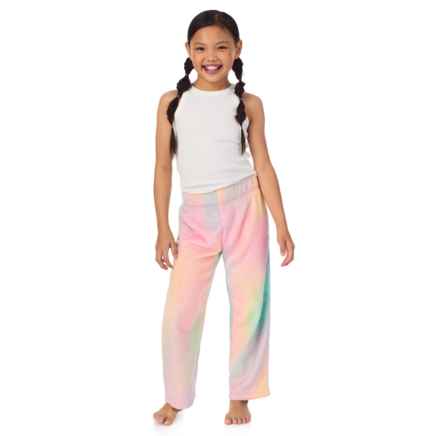 Tie Dye Unicorn;@A girl wearing 2 Pack Fuzzy Pj Pants in Tie dye unicorn print