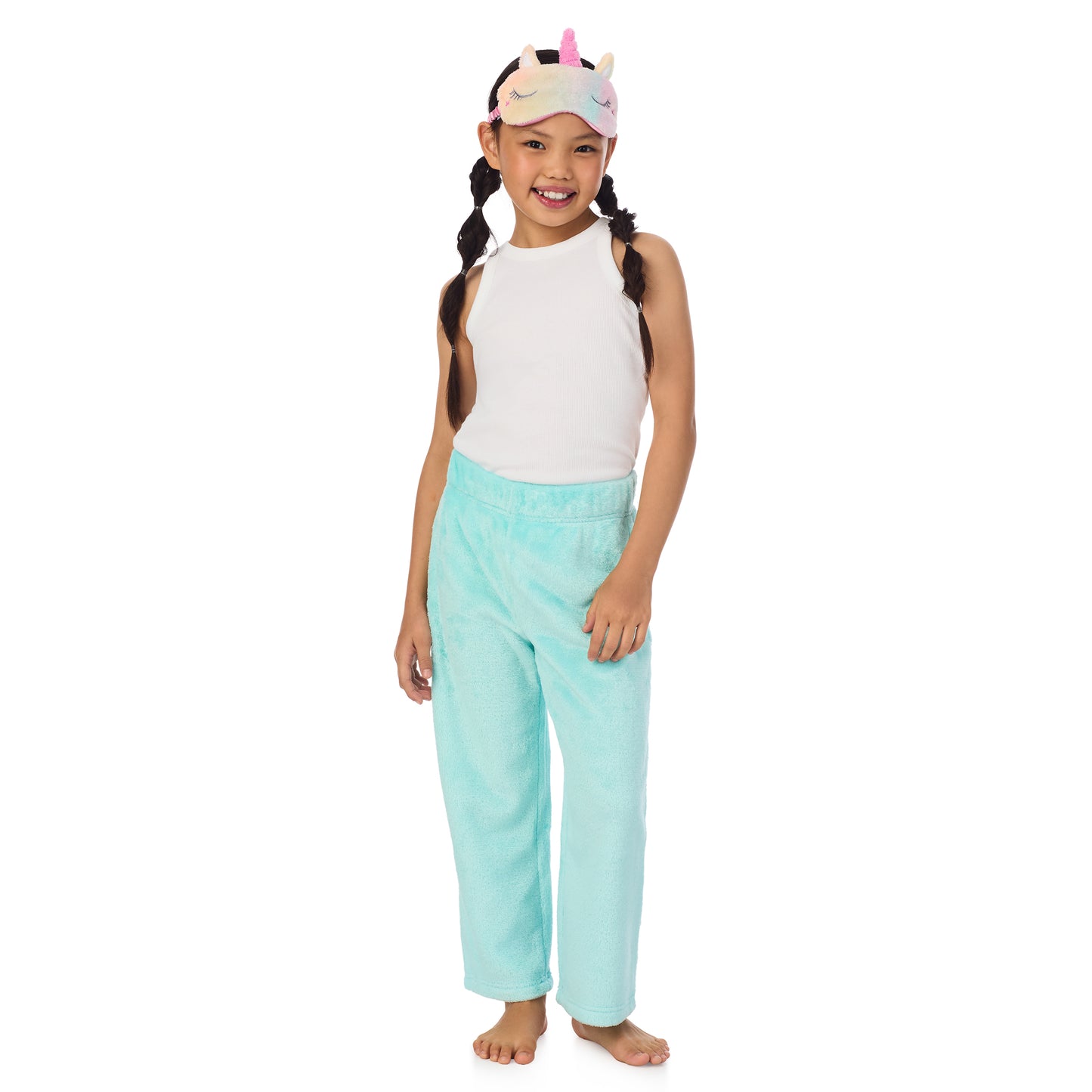 Tie Dye Unicorn;@A girl wearing 2 Pack Fuzzy Pj Pants With Eye Mask in Tie dye unicorn print