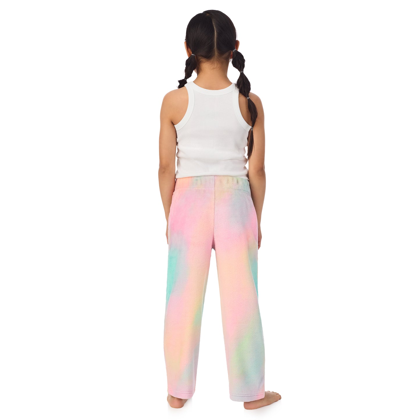 Tie Dye Unicorn;@A girl wearing 2 Pack Fuzzy Pj Pants With Eye Mask in Tie dye unicorn print