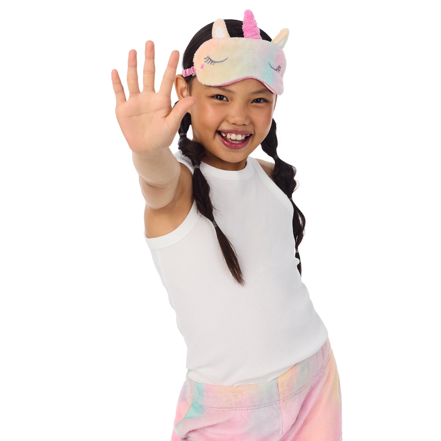 Tie Dye Unicorn;@A girl wearing 2 Pack Fuzzy Pj Pants With Eye Mask in Tie dye unicorn print