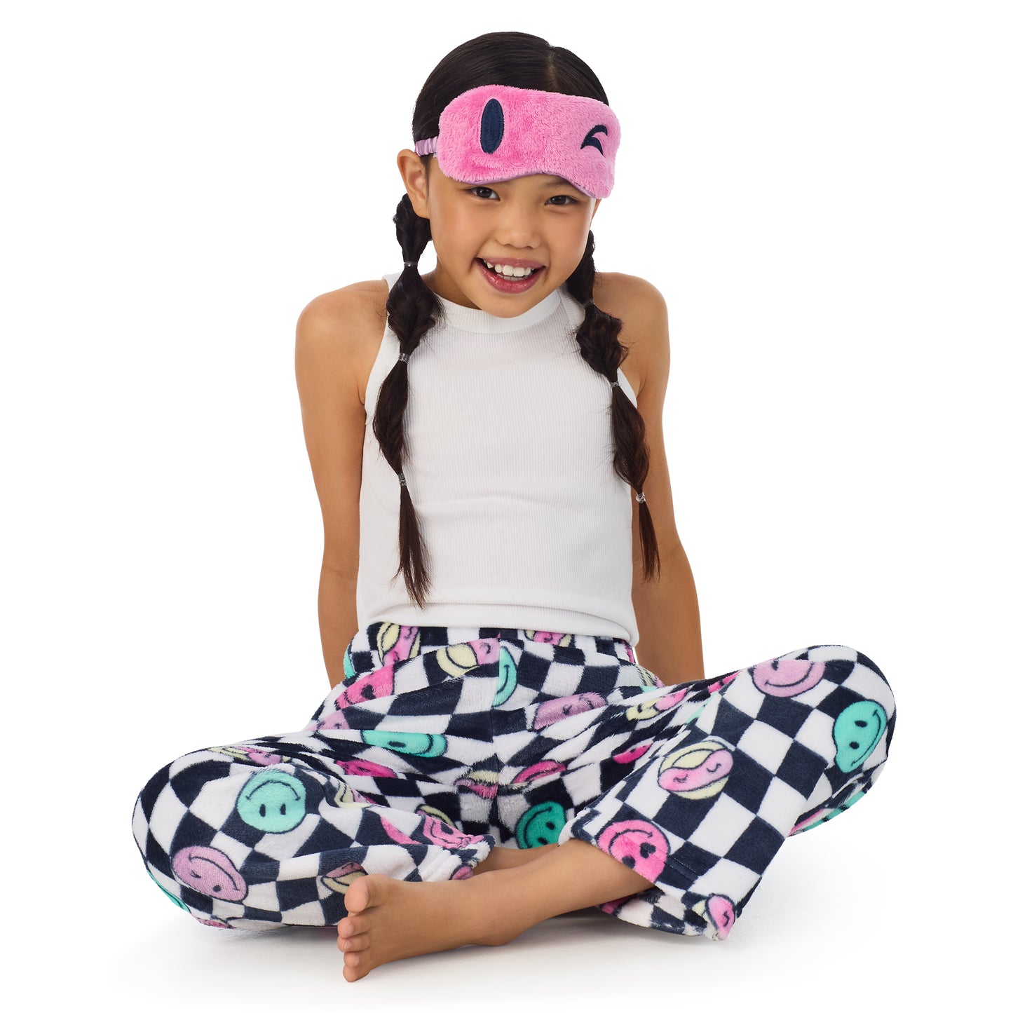 Pink Smiley; @2 Pack Fuzzy Pj Pants With Eye Mask in pink smiley print
