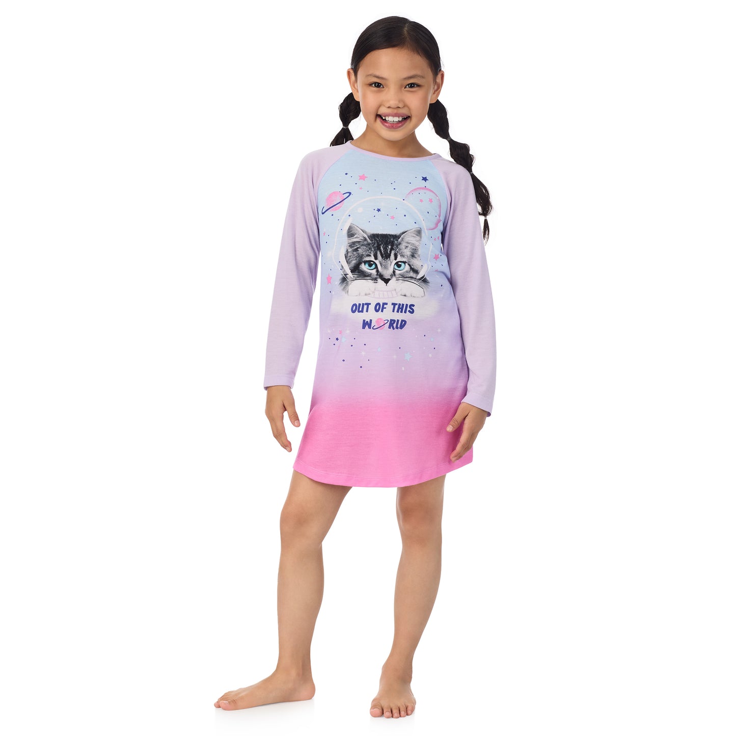 Space Kitty;@A girl wearing 2 Pack Long Sleeve Nightgowns