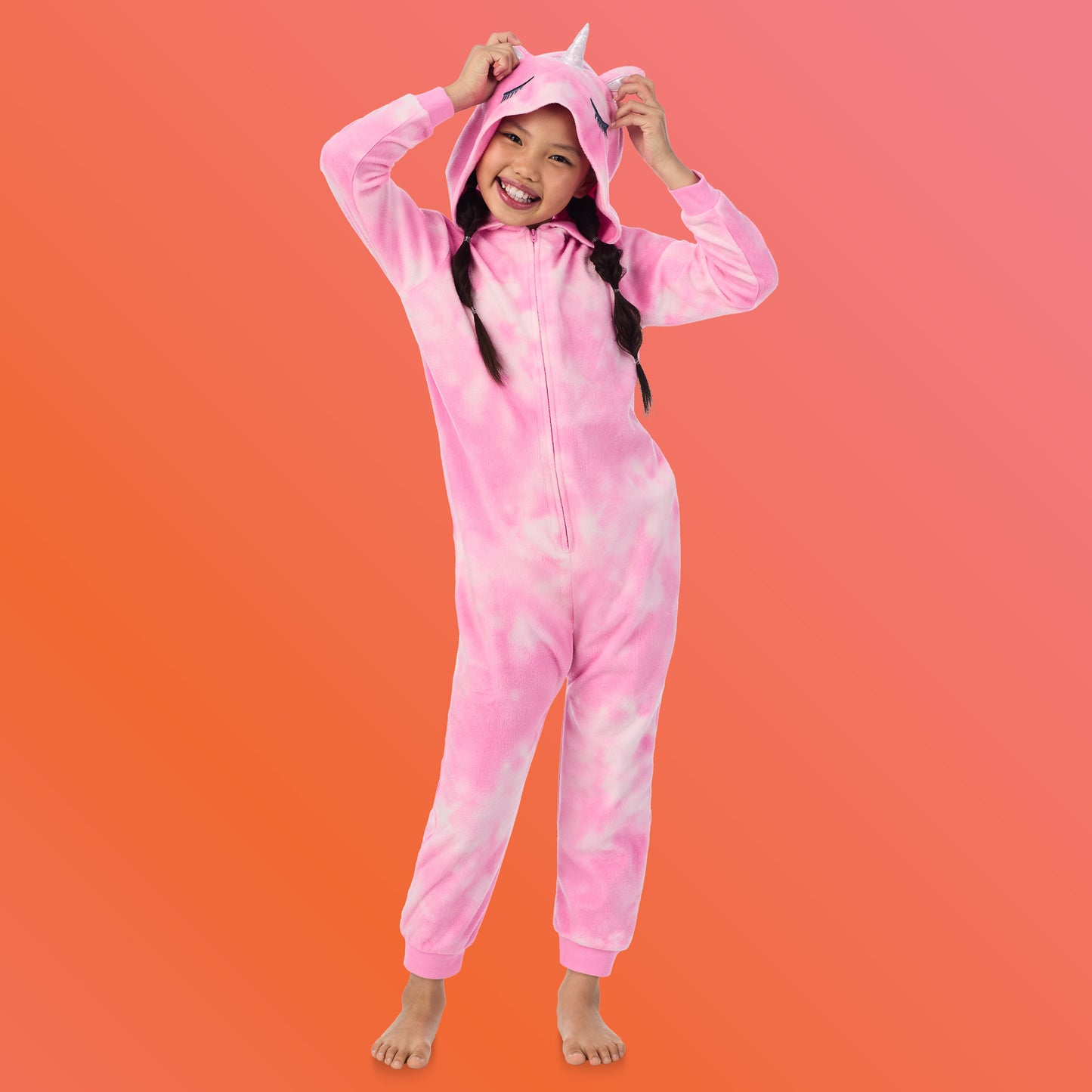 Unicorn;@A girl wearing Fleece Hooded Animal Onesie