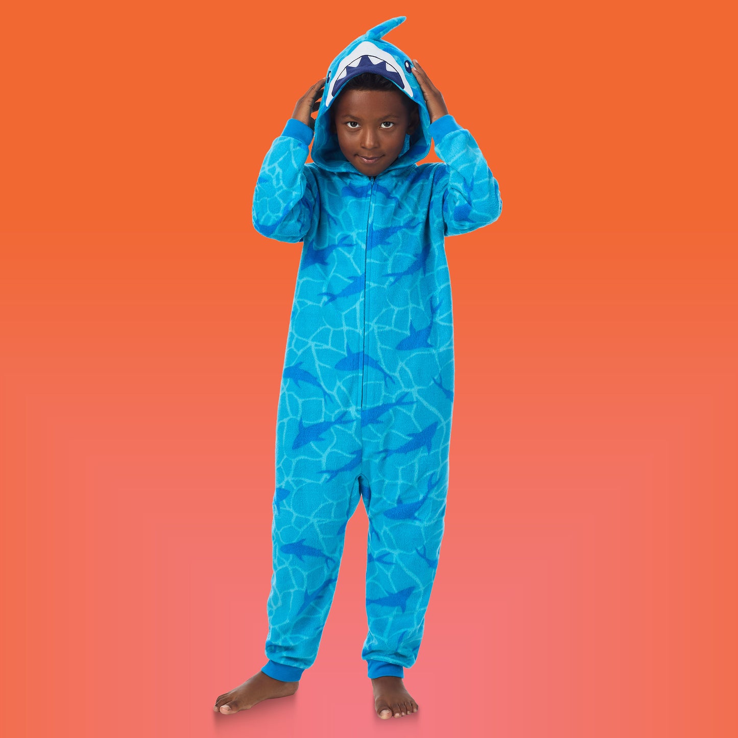 Shark;@A boy wearing Fleece Hooded Animal Onesie