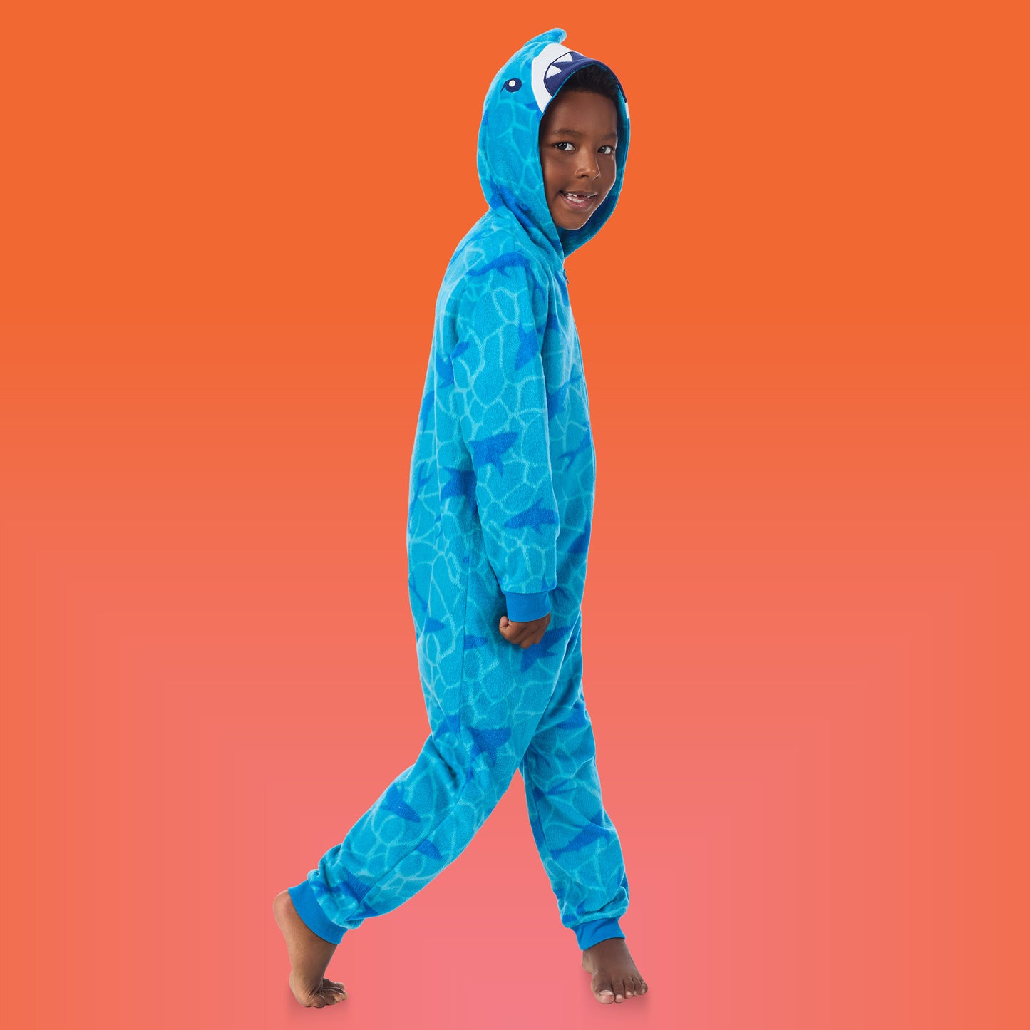 Shark;@A boy wearing Fleece Hooded Animal Onesie
