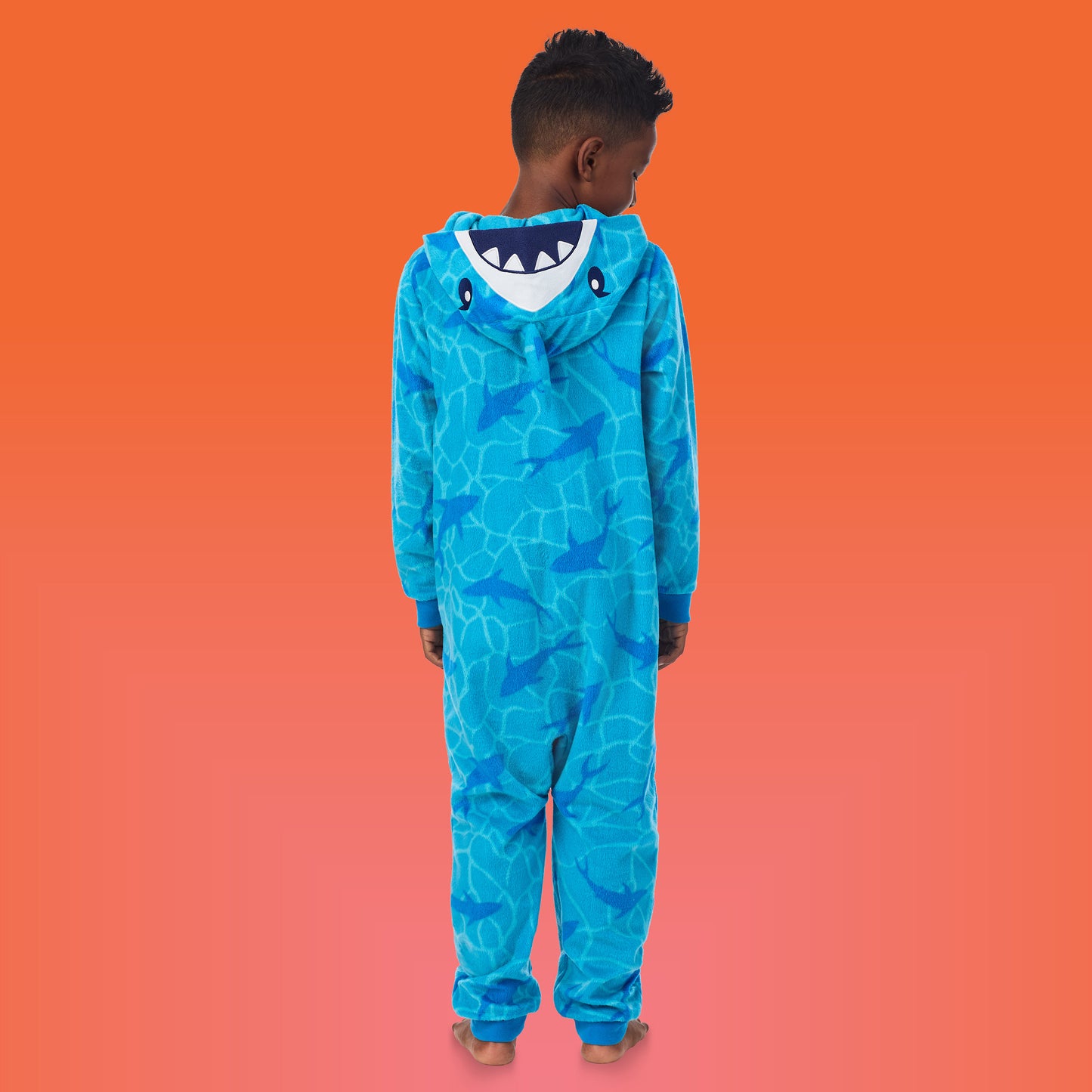 Shark;@A boy wearing Fleece Hooded Animal Onesie