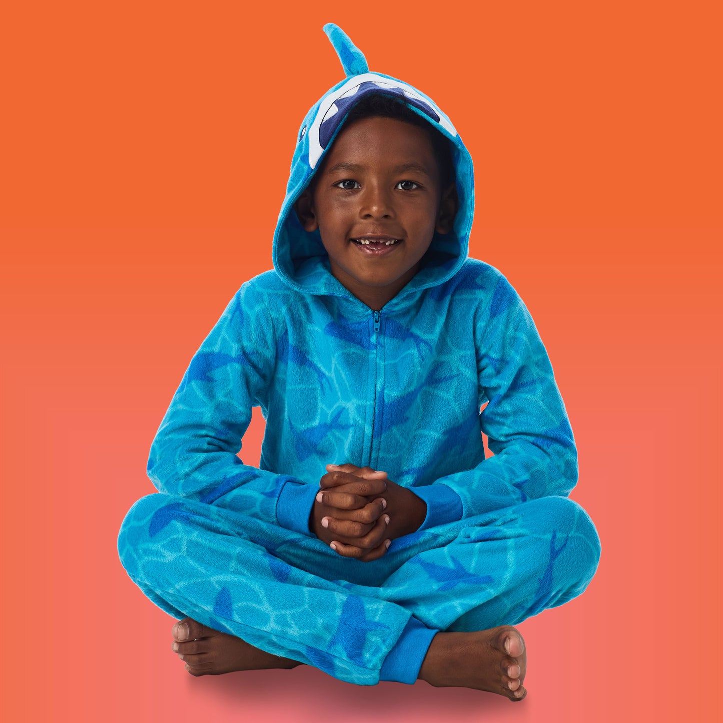 Shark;@A boy wearing Fleece Hooded Animal Onesie