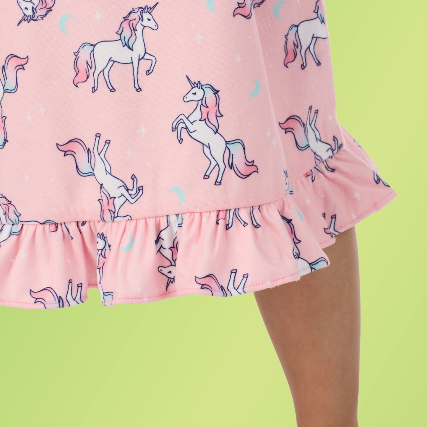 Unicorns;A girl wearing Doll & Me Long Sleeve Ruffle Nightgown