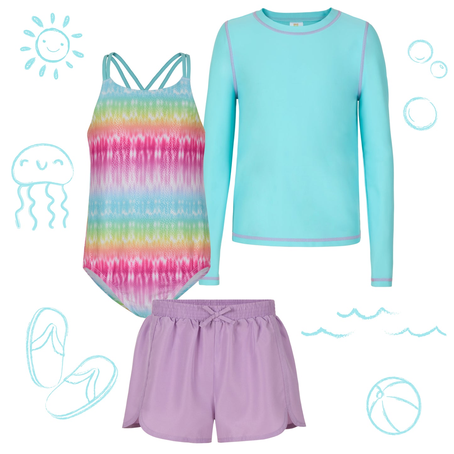 Rainbow Shimmer Aqua;@A 3 Piece Swim Set with Rashguard in Rainbow Shimmer Aqua
