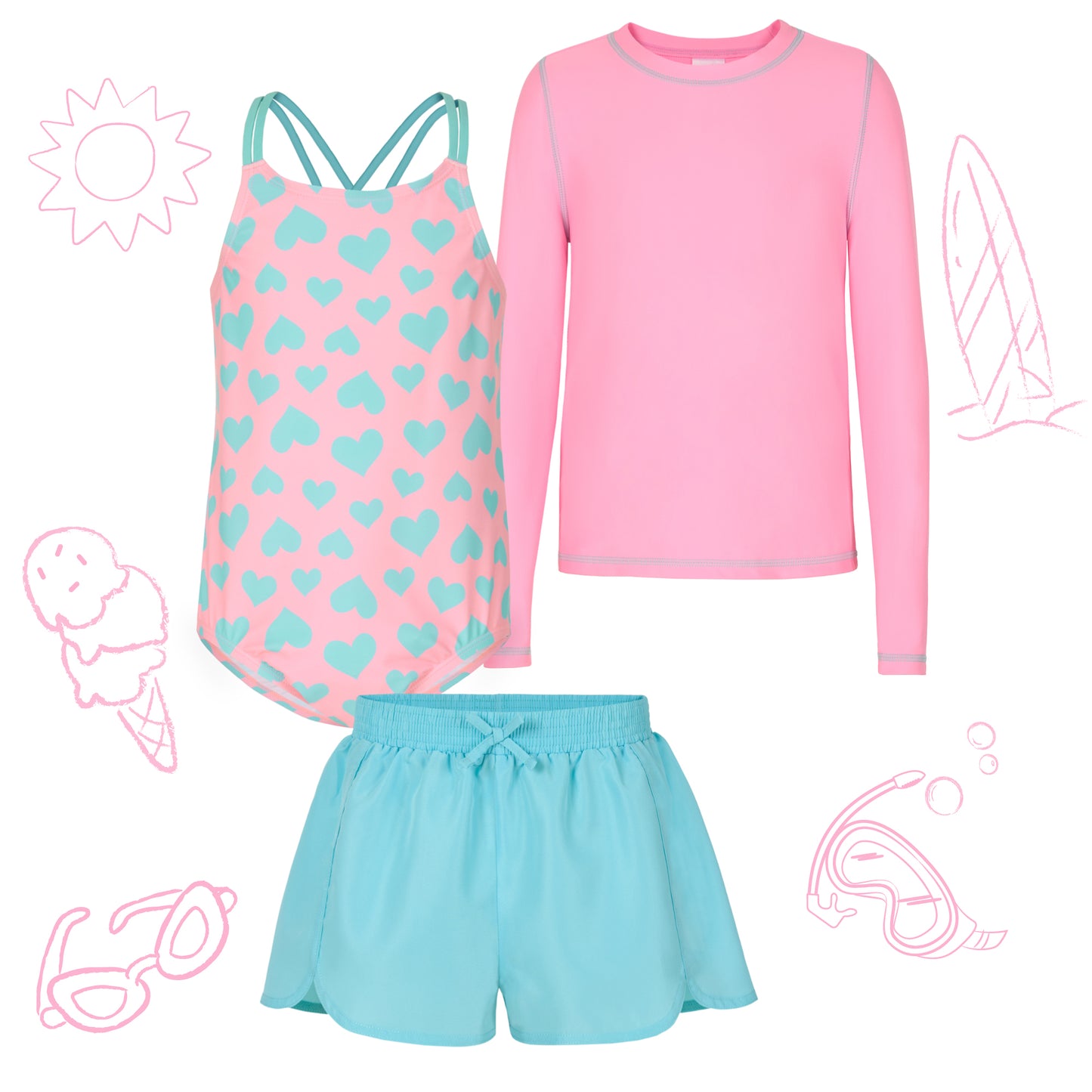 Pink Bubblegum Hearts;@A 3 Piece Swim Set with Rashguard in Pink Bubblegum Hearts