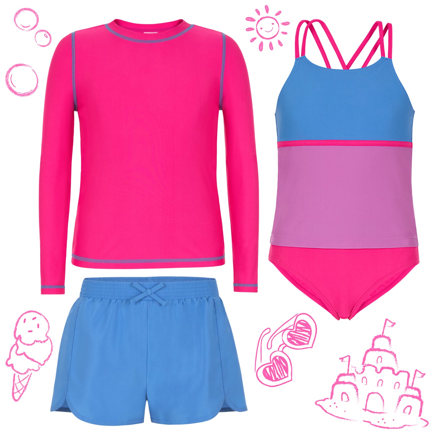 Berry Blue;@A 4 Piece Swim Set with Rashguard in Berry Blue