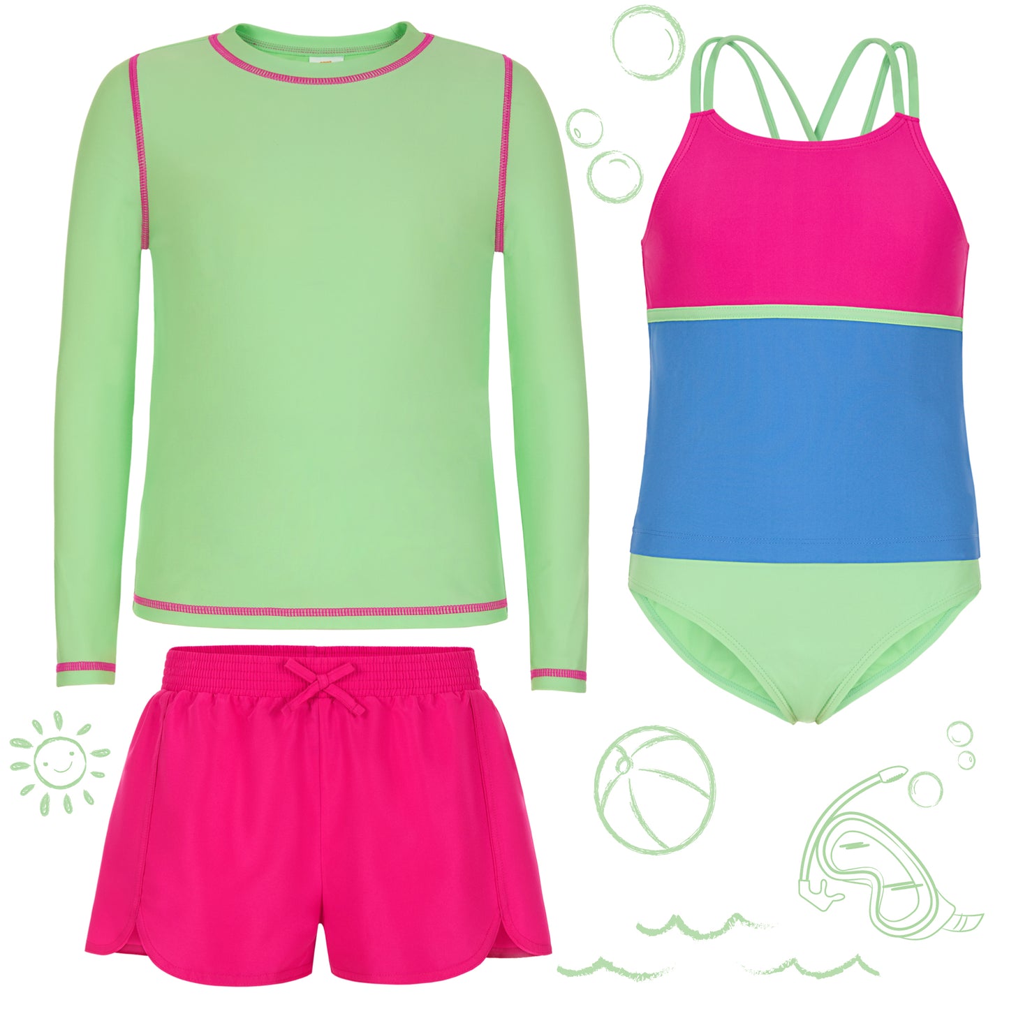 Watermelon Wave;@A 4 Piece Swim Set with Rashguard in Watermelon Wave