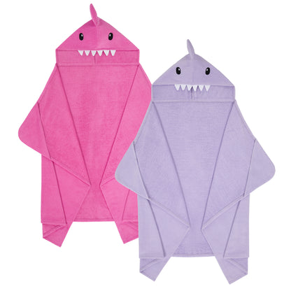 Sharkberry Pink & Lavender Bite;@A 2 Pack Hooded Shark Towels in Sharkberry Pink & Lavender Bite
