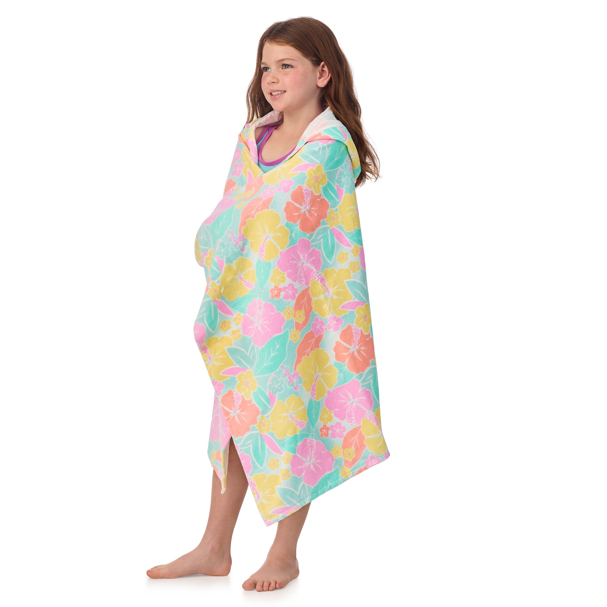 Tutti Frutti Flamingo;@A girl wearing Character Hooded Towels in Tutti Frutti Flamingo
