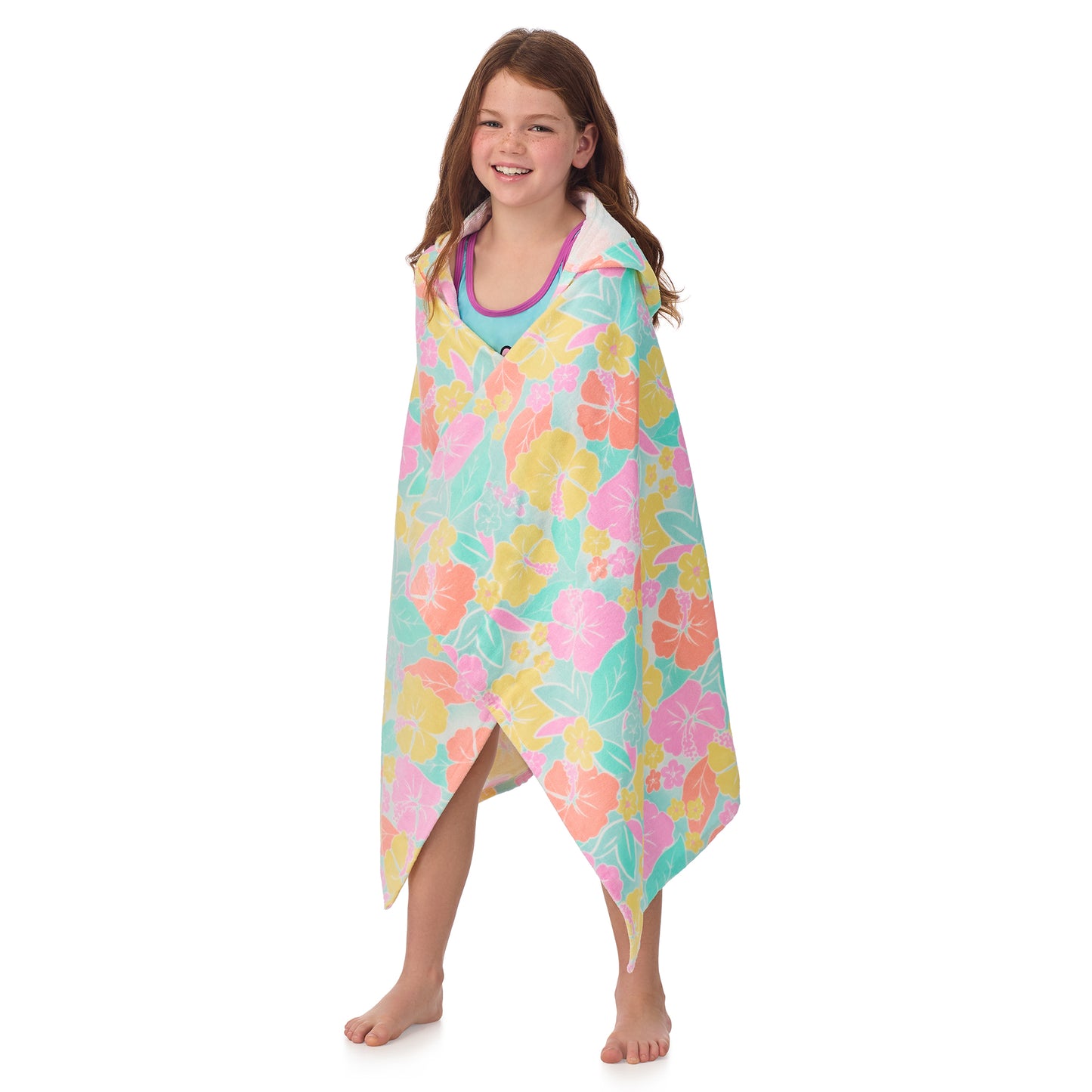 Tutti Frutti Flamingo;@A girl wearing Character Hooded Towels in Tutti Frutti Flamingo
