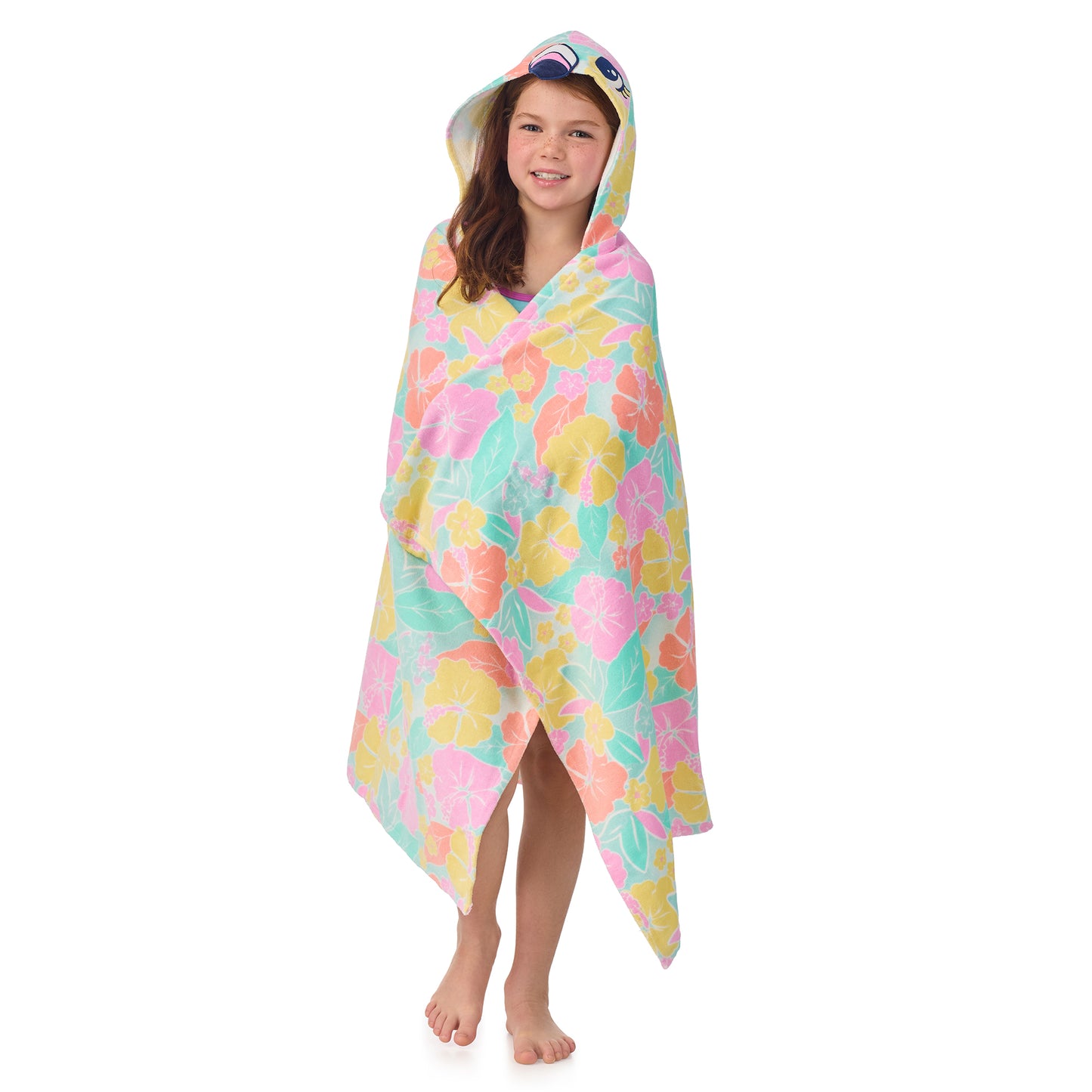 Tutti Frutti Flamingo;@A girl wearing Character Hooded Towels in Tutti Frutti Flamingo
