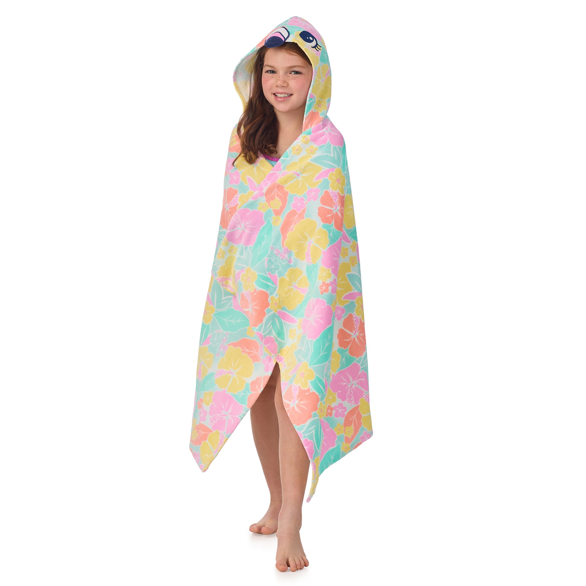 Tutti Frutti Flamingo;@A girl wearing Character Hooded Towels in Tutti Frutti Flamingo
