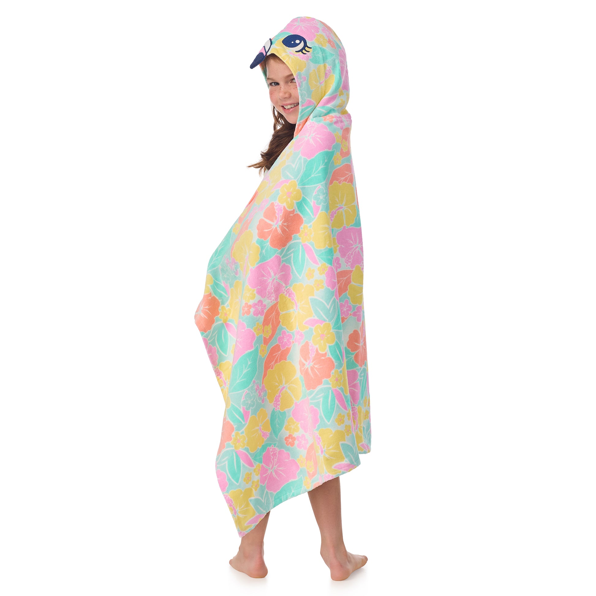 Tutti Frutti Flamingo;@A girl wearing Character Hooded Towels in Tutti Frutti Flamingo
