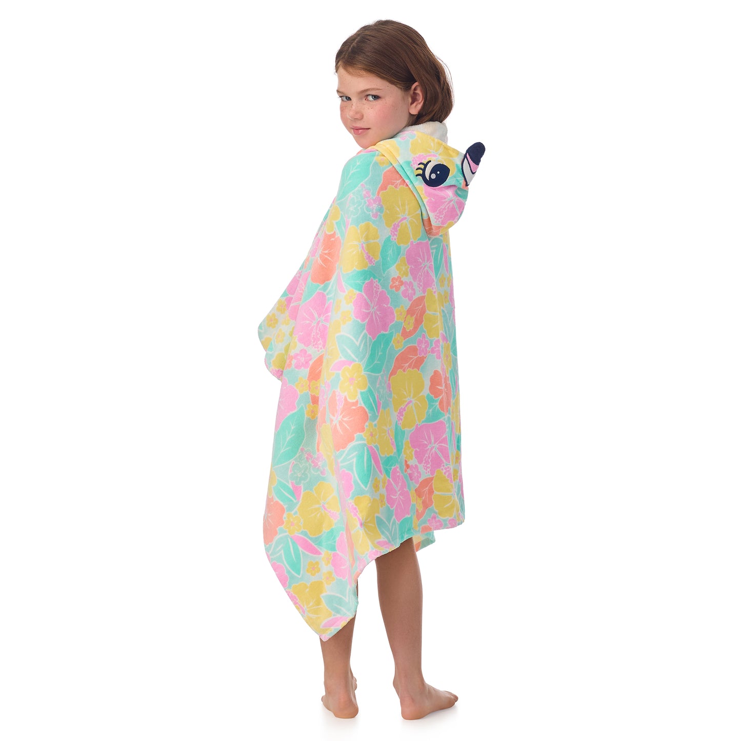 Tutti Frutti Flamingo;@A girl wearing Character Hooded Towels in Tutti Frutti Flamingo
