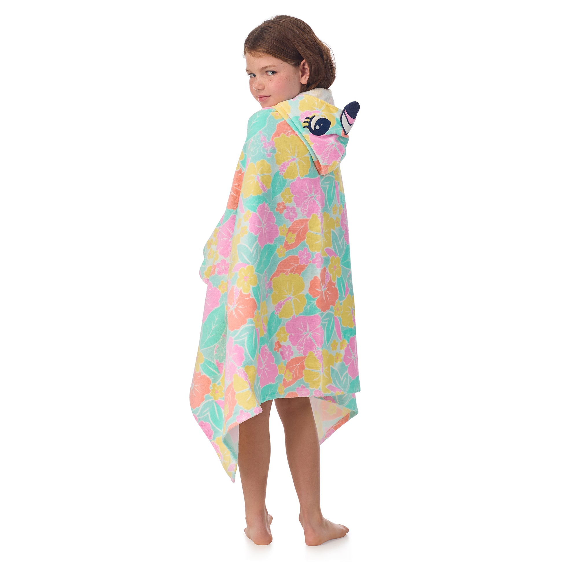 Tutti Frutti Flamingo;@A girl wearing Character Hooded Towels in Tutti Frutti Flamingo

